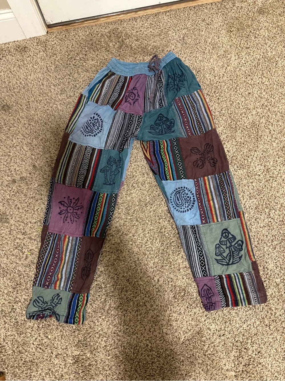 Patchwork Boho Drawstring Pants in Teal, Purple & Brown